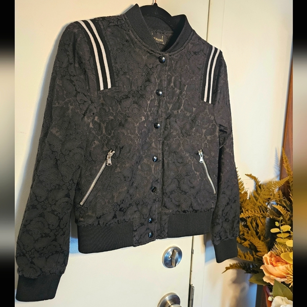 Vintage Y2K Brocade Black Floral Athletic Cropped Bomber Jacket 90s